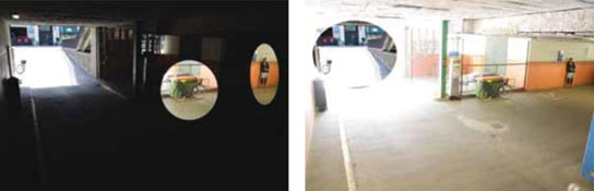 Figures 3 and 4. Parking garage, indoor. The image to the left shows details that were lost in the dark zone. The image to the right shows the details that were lost in the bright zone.